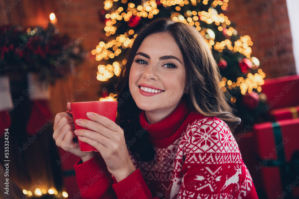 Poster photo of lovely positive girl toothy smile arms hold hot coffee cup enjoy magic spirit house indoors