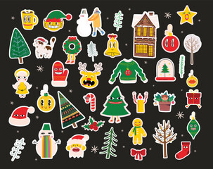 Christmas sticker icon set. Vintage christmas and Happy 2023 New Year elements. Vector illustration, Holiday poster with Christmas symbols.