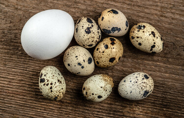 Obraz premium Chicken and quail eggs on a wood background. Selective focus..