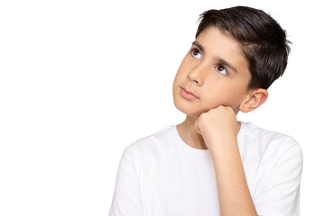 Fototapeta premium Thoughtful boy on white background
