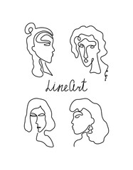 Girls, women set of icons drawn by one line. Line art style. Abstract Female profile and silhouette.Vector graphics. Isolated background.	