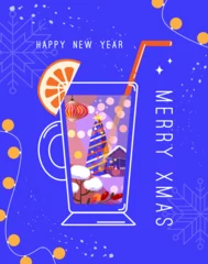 Zelfklevend Fotobehang Merry Christmas and New Year greeting vector card, party invitation. Cocktail, drink glass with orange fruit slice. Abstract winter holiday landscape in wineglass. Traditional Christmas fair concept © Nataliia