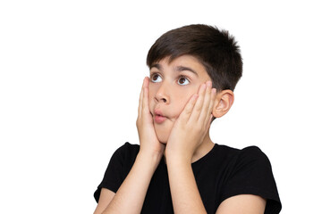 Portrait of thoughtful confused cute boy over white background.