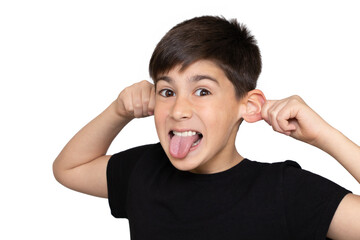 A 9-year-old boy in a black t-shirt on a white background and depicts a monkey