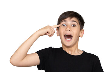 Closeup Portrait of gestured child on white background. Boy found the idea or solution