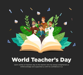 Naklejka premium Happy Teacher's Day, Vector illustration, gift card for teachers, Teacher’s Day Celebration, World teacher's day greetings card in black background, teacher's day social media post, Concept, poster