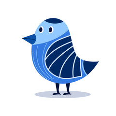 A cute, abstract little bird in blue shades and geometric, decorative shapes in a flat, childlike style. Vector illustration