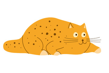 Cute and chubby orange spotted, sneaking cat. Abstract cat in a flat, cartoon style. Vector illustration