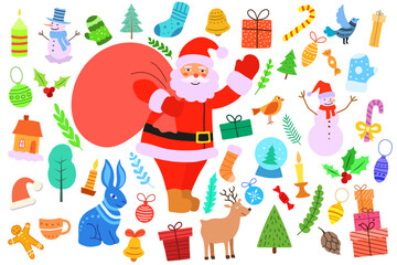 Christmas graphic set for decorating for the new year. Santa and Christmas tree toys, candy, presents, animals, bunny, reindeer, birds and snowman. Vector illustration in flat children's style
