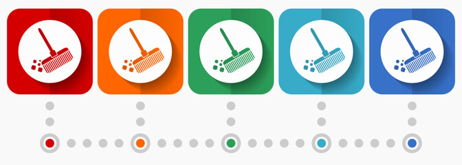 Broom, cleaning vector icons, infographic template, set of flat design symbols in 5 color options