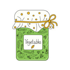 Glass jar with canned vegetables in doodle style. Food and drinks. A set of vegetables in a jar. Vegetable preserves. Vector illustration, isolated background.