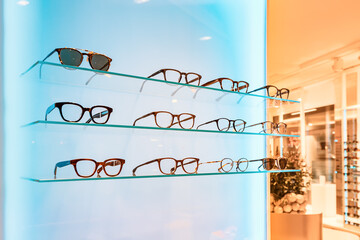 An ophthalmological and optical store with an assortment of various glasses with diopters for vision.