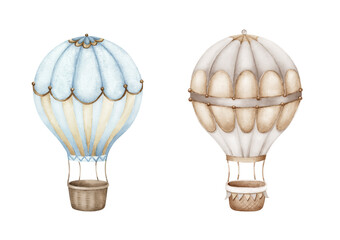 Blue, brown hot air balloons..Watercolor illustration isolated on white background... - 535327975