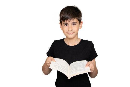 Smart little boy in black t shirt on white background