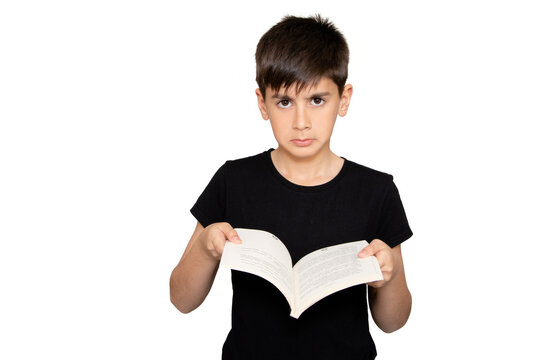 Smart little boy in black t shirt on white background