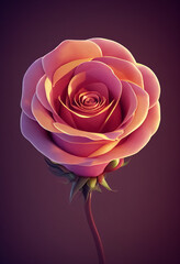 Illustration of a rose on gradient background, 3D illustration, an isolated object with studio light, daylight exposure, realistic painting with pink and purple colour tones