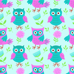 Vector seamless pattern with bright owls. Vector illustration with owls for children. It is used for printing on children's fabrics, packaging, wallpaper, textiles, design.