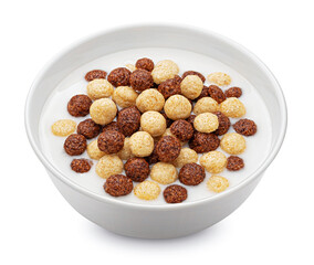 Corn balls mix with milk isolated on white background