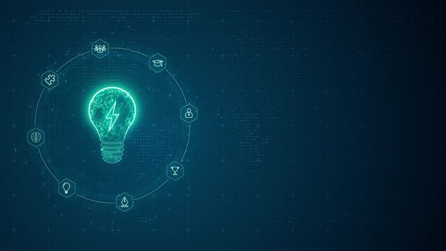 Motion graphic of Blue lightbulb LOGO with line connection and data transfer to futuristic icon technology abstract background and creative idea concept