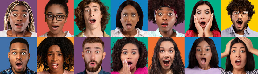 Emotional young multicultural people showing amazement, collection of closeup photos