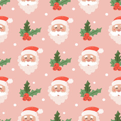 Cheerful Santa face with holly on pink background with snowflakes, vector seamless Christmas pattern