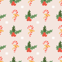 Candy cane and holly berries with snowflakes, vector seamless Christmas pattern