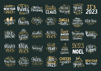 Merry Christmas and Happy New Year lettering. Winter holiday greeting card, xmas quotes and phrases illustration set. Typography collection for banners, postcard, greeting cards, gifts