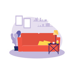 Cozy living room illustration with armchair in flat style. Home decor. Colorful interior design concept.