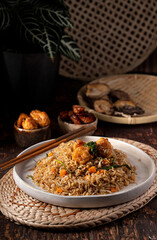 chinese rice or oriental food ready to eat with some protein behind