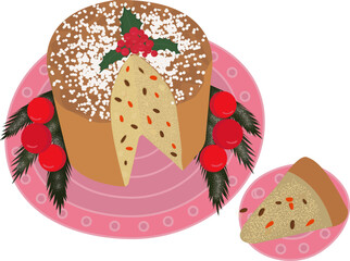Christmas traditional sweet bread cake Panettone.Italian Panettone Christmas cake. Traditional sweet bread. Colorful cartoon-style illustration for a cafe, bakery, restaurant menu or logo and label.
