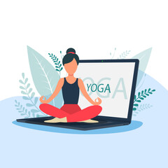 Vector illustration Woman practicing Garbha Pindasana asana or fetal position in the womb. Girl doing yoga exercises at home online