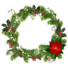 Fototapeta na wymiar Christmas wreath with poinsettia and cotton