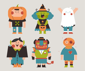 Kids in Halloween costumes vector cartoon characters set isolated on background.