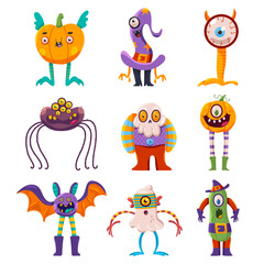 Naklejka premium Cute Halloween characters vector cartoon set isolated on a white background.
