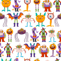 Naklejka premium Funny Halloween characters vector cartoon seamless pattern background for wallpaper, wrapping, packing, and backdrop.