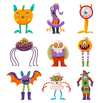 Cute Halloween characters vector cartoon set isolated on a white background.