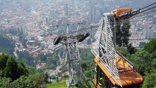 Locked shot showing cable car at the top of Monserrate mountain in Bogota, the capital and largest city of Colombia. 