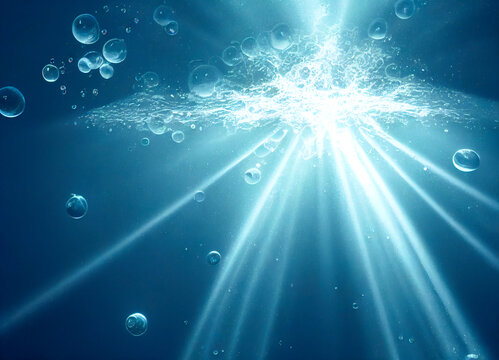 Illustration of deep underwater with sunlight flares. Deep sea water background. 3D image. Used neural network for drawing.