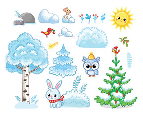 Set of vector Christmas illustrations on a winter theme with animals.