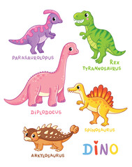 Big collection of dinosaurs on white background. Vector set with dinosaurs - obrazy, fototapety, plakaty