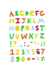 Vector roughly carved multicolored children's alphabet, capital letters and digits.