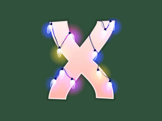 English alphabet vector illustration. Type with glowing Christmas lights and bulbs. Celebrational letters for decoration. Festive set in playful style. Letter X