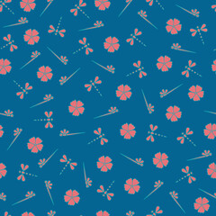 Petrol blue and peach flower and dragonfly, seamless pattern background.  Perfect for fabric, scrapbooking, quilting, wallpaper and many more projects.
