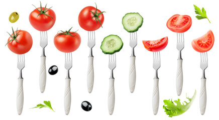Isolated vegetables collection. Tomato, cucumber, olives, parsley, lettuce on forks isolated on white background with clipping path