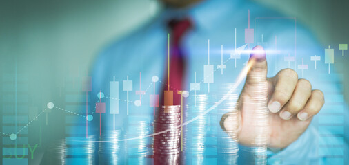Finance and business concept. Investment graph and rows growth of coins, blue color tone. business and financial and investment data, analysis customer growth graph,business planning,strategy.