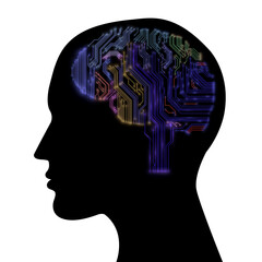 Human head profile with bright colorful symbols of neurons in the brain.