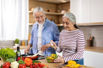 Cooking Together. Happy senior spouses preparing lunch in kitchen