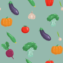 Seamless pattern with hand drawn colorful vegetables. Sketch style vector set. Vegetables flat icons set: cucumber, carrot, onion, tomato.