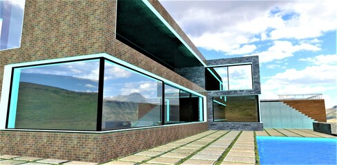 Stylish lighting of window openings of a country house with LED strip in the daytime. Massive concrete pavers next to the pool. 3d rendering.