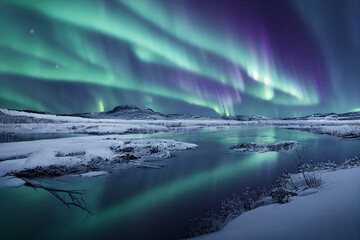 Fototapeta na wymiar Norwegian landscape with beautiful Aurora borealis 